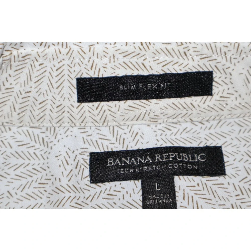 Banana Republic Dress Shirt Mens Large White Tan Geometric Floral Slim Flex Fit